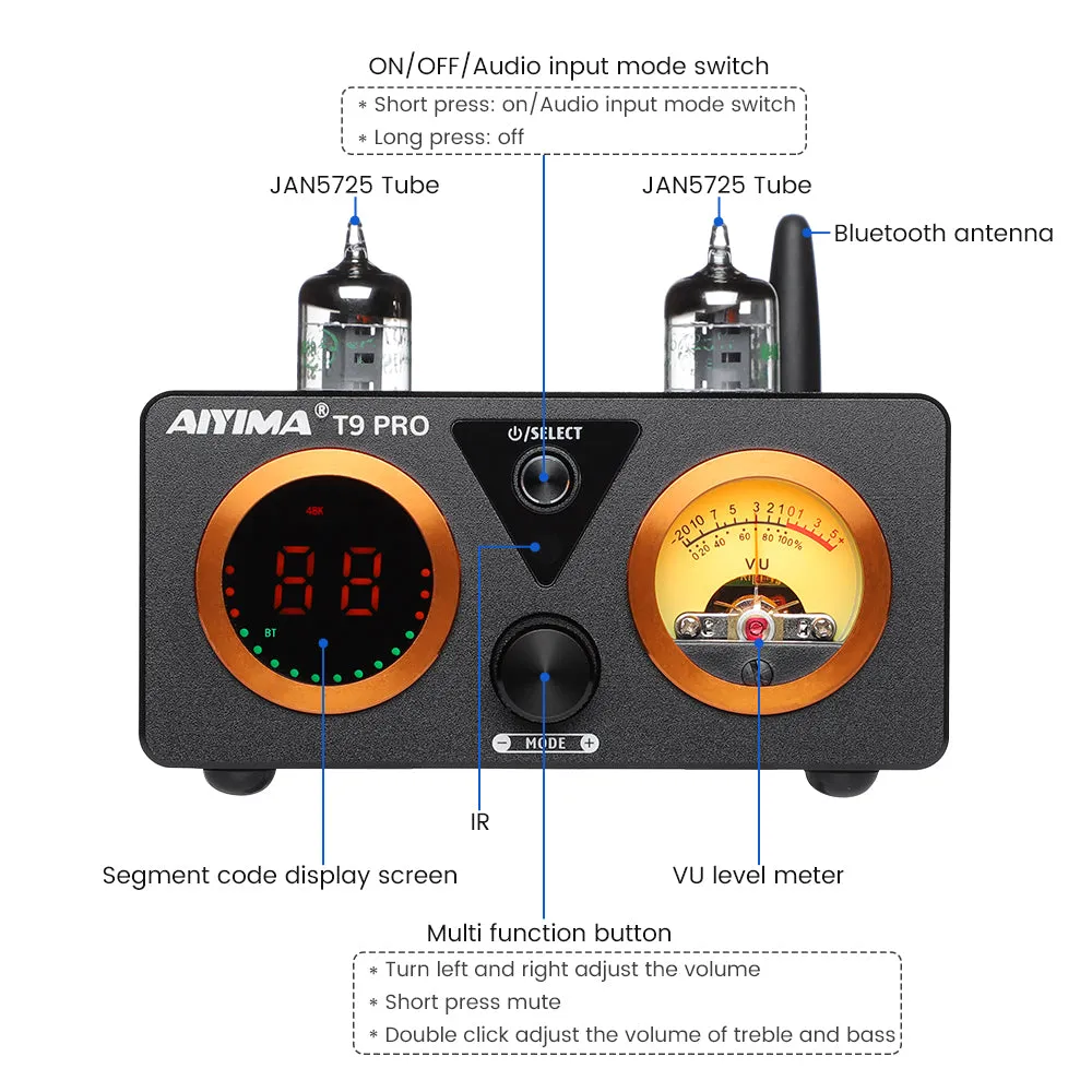 Aiyima T9 Pro rørforstærker EU 24V – DAC Bluetooth 5.1