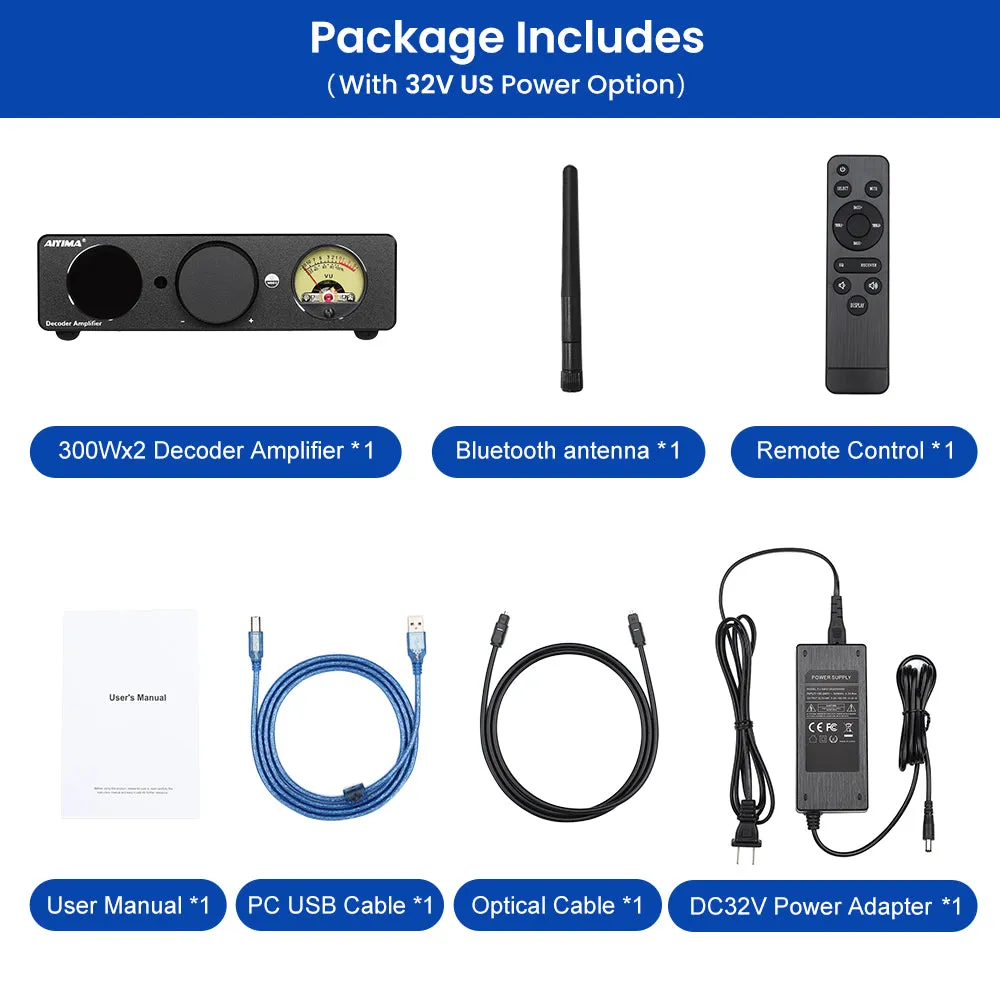 Aiyima Decoder forstærker EU 32V 2x300W Bluetooth